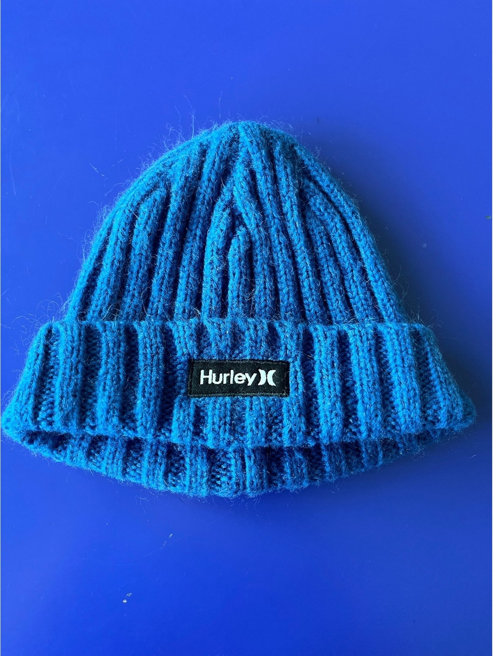 Hurley Blue Ribbed Knit Beanie Hat Stretchy & Soft Unisex